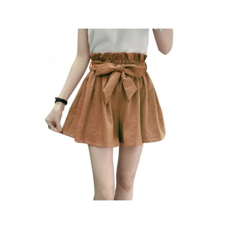 Flared Shorts - Summer Beach Women High Elastic Waist Shorts Bow Belted Loose Shorts
