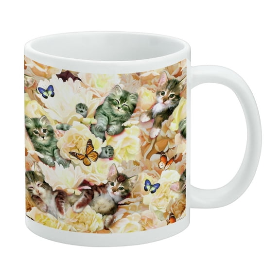 Kittens Cats Yellow Flowers Butterflies Pattern White Mug