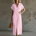 thumbnail image 5 of BRGZLK Womens Shirt Dresses Summer Trendy Solid Color V-Neck Button Down Cardigan Dresses Lightweight Breathable Beach Dress with Pockets Pink XXL, 5 of 7