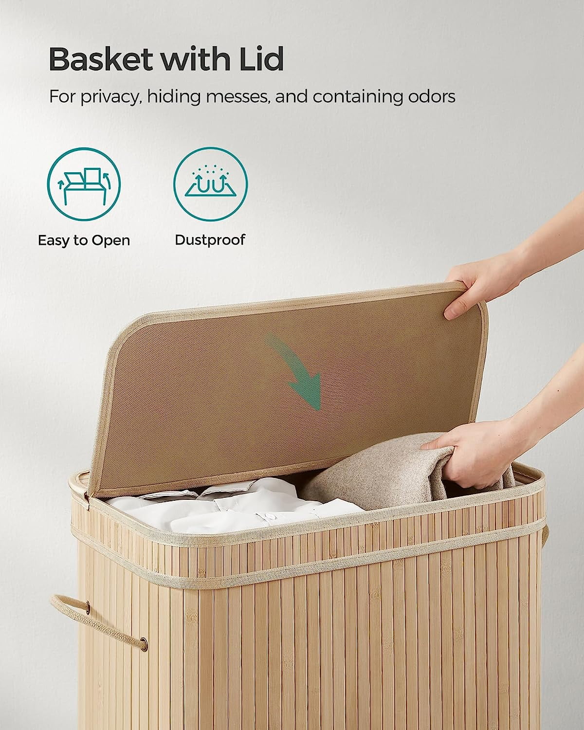 100L Laundry Hamper with Lid Bamboo Laundry Basket with Liner Bag Foldable Storage Hamper with Handles Natural