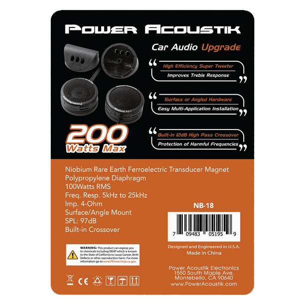 Power Acoustik NB-18 200 Watt Max Super Tweeter for Car Stereo
