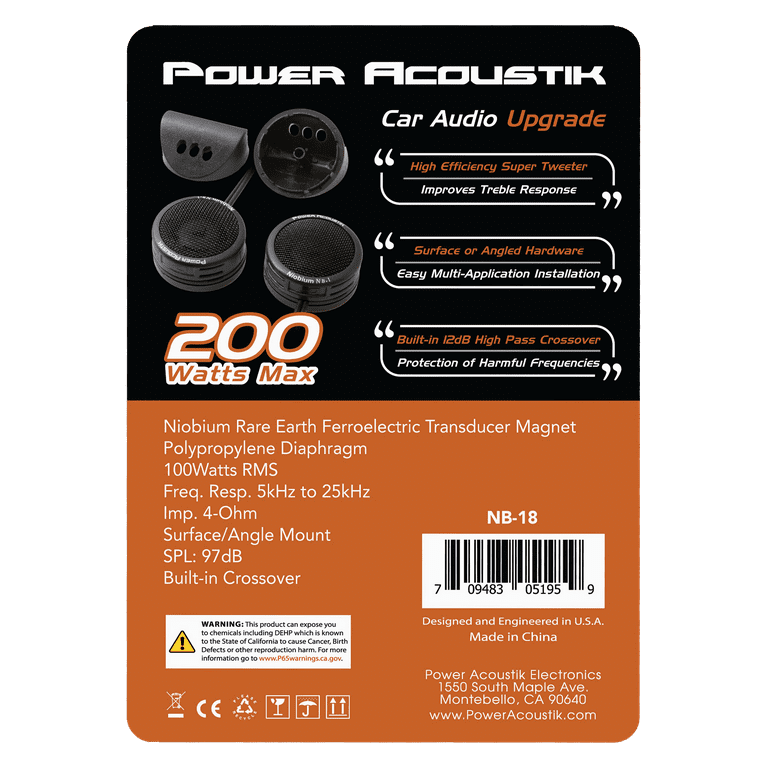 2 pack) Power Acoustik NB-18 200 Watt Max Super Tweeter for Car