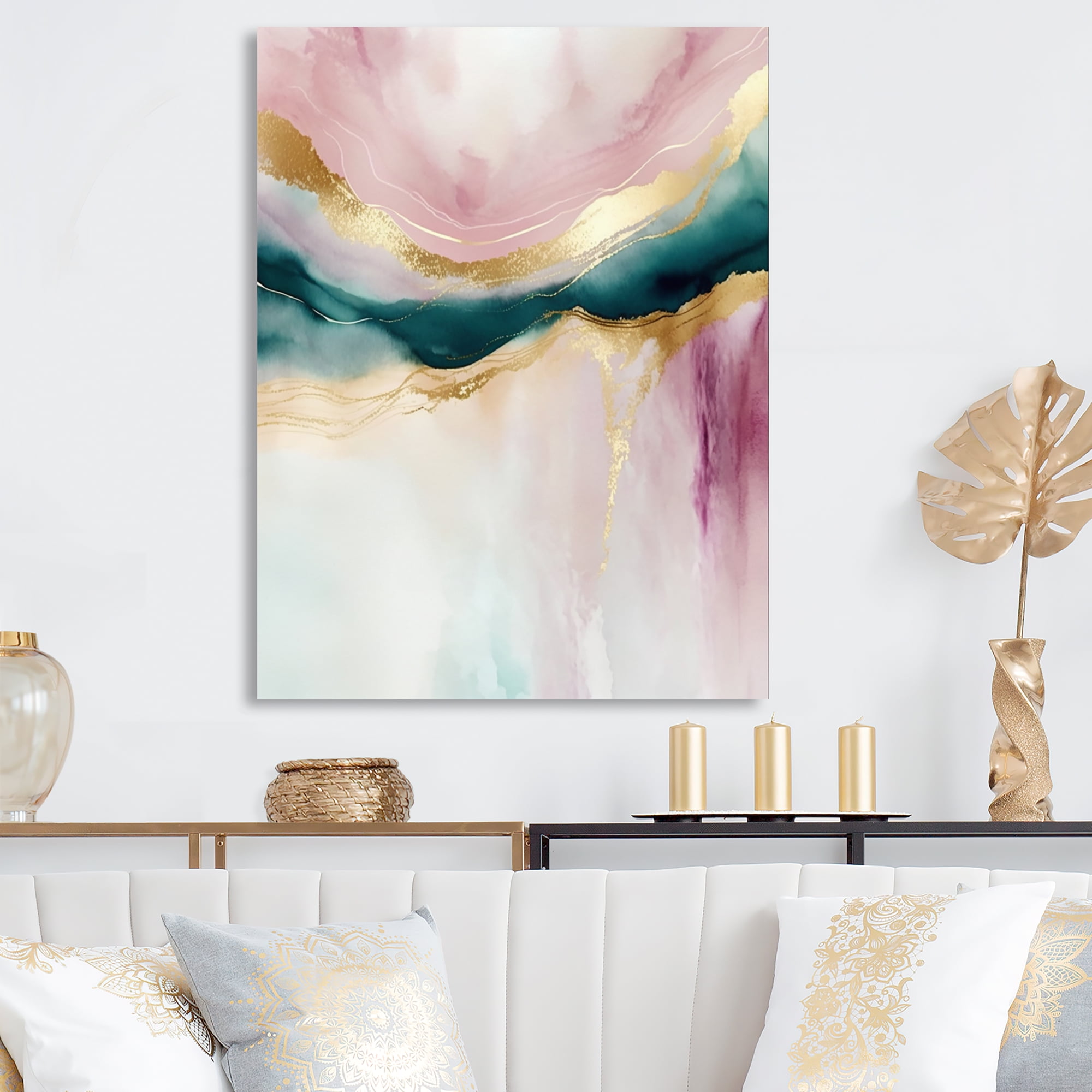 Designart Abstract Geode Pink And Green Marble IV Canvas Wall Art