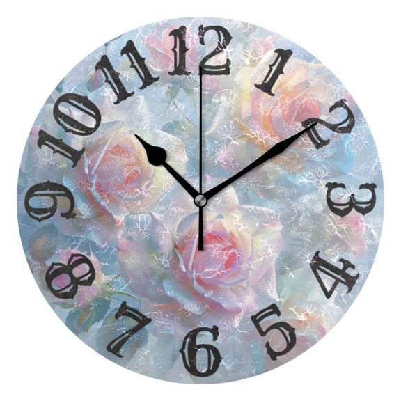 Roses Watercolor 10 inch Wall Clocks Non Ticking Easy to Read Battery Decorative for Home Bathroom Kitchen Bedroom Living Room