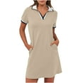 thumbnail image 2 of NXMZXB Women’s Polo Dresses 2025 Short Sleeve Casual Striped Color Block Collared V Neck Summer Tennis Golf Mini Shirt Dress with Pockets Khaki XL, 2 of 10