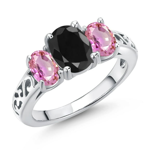 Gem Stone King 925 Sterling Silver Black Sapphire and Pink Sapphire Filigree Style 3 Stone Ring for Women (2.86 Cttw, Oval 8X6MM and 6X4MM) (Size 6)