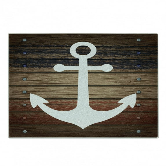 Marine Cutting Board, Boat Themed Anchor Marine Nautical Antiqued Rustic Wooden Western, Decorative Tempered Glass Cutting and Serving Board, Small Size, Brown White, by Ambesonne