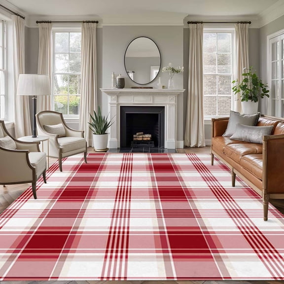 Red Checkered Large Area Rug 8x10 FT, Non Slip Living Room Throw Carpet, Red White Plaid Farmhouse Washable Soft Indoor Outdoor Carpet Non-Shedding Rug for Bedroom Dining Room