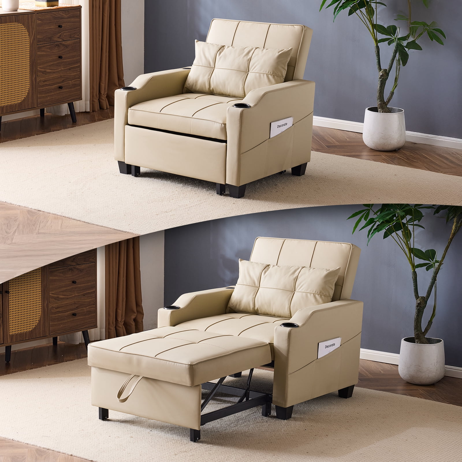 Ktaxon Sleeper Sofa Bed Convertible Chair Faux Leather 3-in-1 Futon Sofa with Lumbar Pillow for Living Room Bedroom Office Apartment Furniture Beige