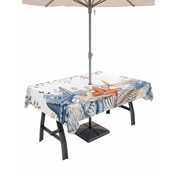 Blue Coastal Outdoor Tablecloth - 60x102 Inch Rectangle Dining Table Cover, Summer Beach Starfish Weeping Eucalyptus Waterproof Outdoor Table Cloth with Umbrella Hole & Zipper for Picnic/Patio/Party