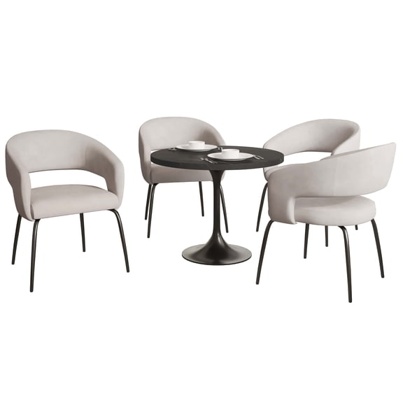 LeisureMod Verve 5-Piece Dining Set with 36" Round Dining Table in Black MDF Top and 4 Dining Chairs in Beige Velvet