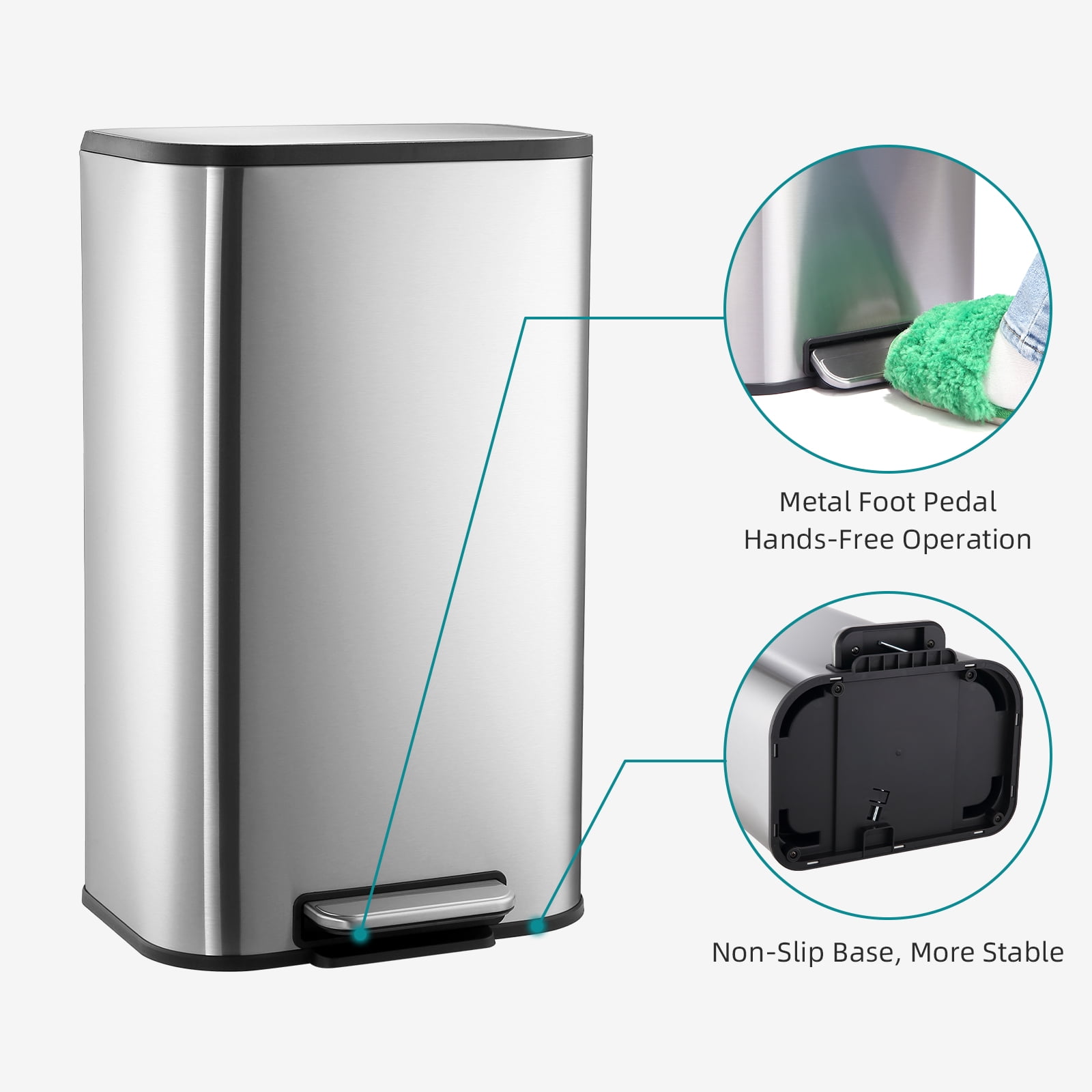 Stainless Steel Trash Can, Rectangular 12/20/30/50 Liter Step-On Garbage Can Featuring Quiet Close Lid, Foot Pedal, and Inner Bucket for Kitchen, Home, Office, Bedroom, and Living Room