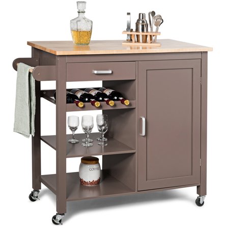 Costway Kitchen Island Trolley Cart Wood Top Storage Cabinet W
