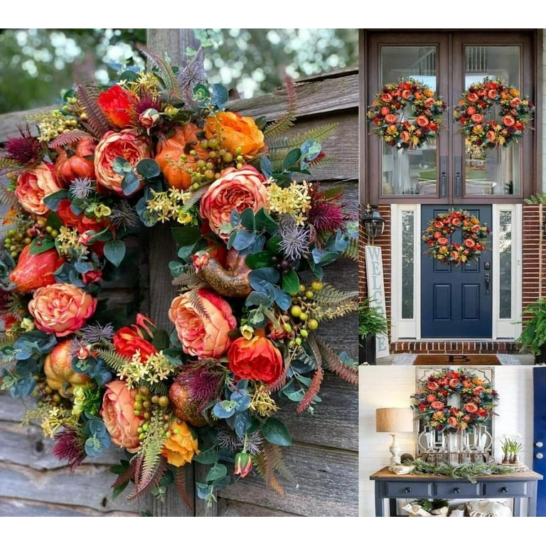 Home Décor Soft Burgundy Peony Pumpkin & Pampas Grass Front Door Fall