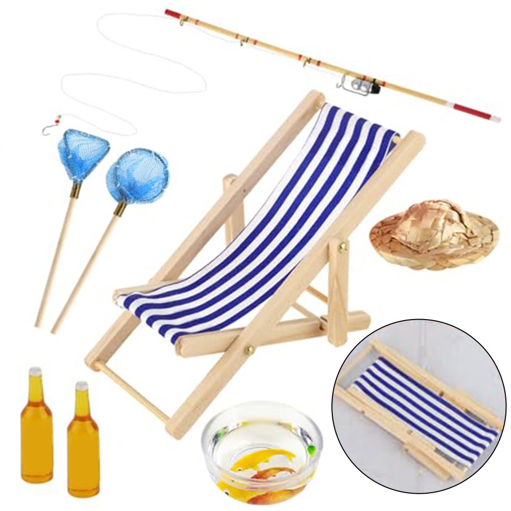 Set De Pêche Miniature 5 Pièces - Canne à Pêche, Aquarium, Chaise, Filets - Pour Maison De Poupée Ou Décoration
