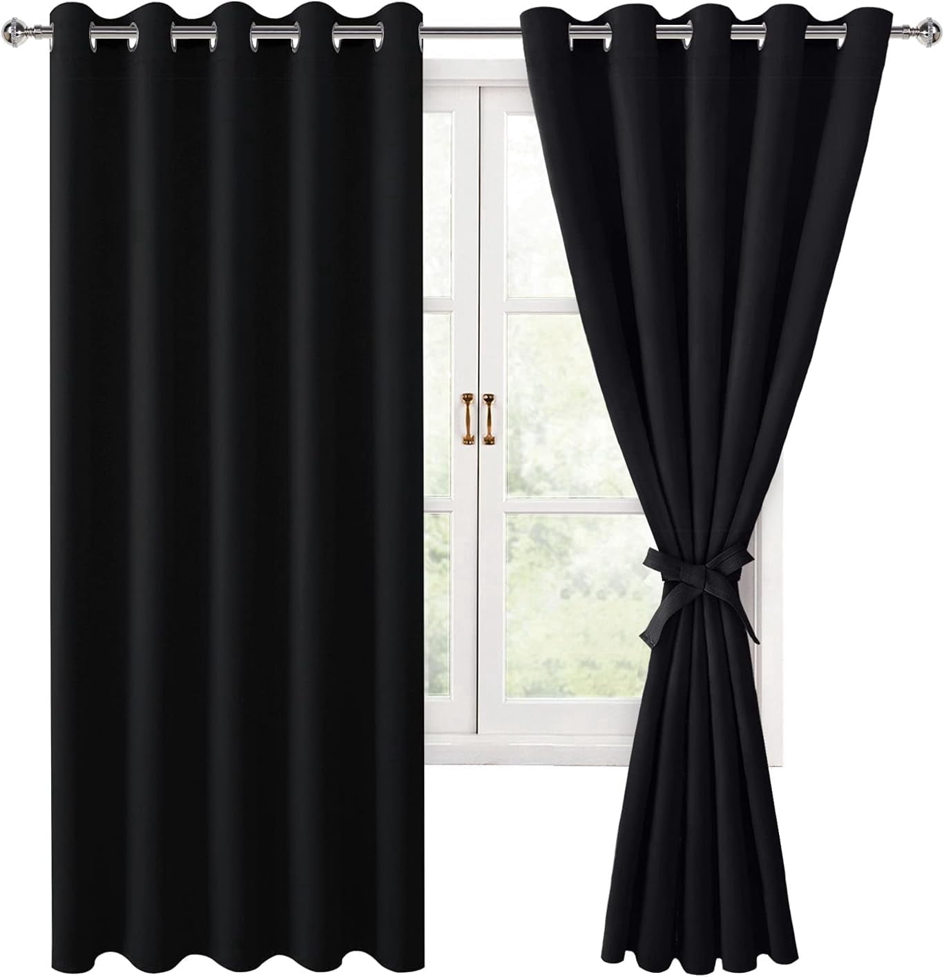 Hiasan Blackout Curtains for Bedroom, 60 x 63 Inches Length - Thermal Insulated & Noise reducing Window Curtains for Living Room, 2 Drape Panels Sewn with Tiebacks, Black