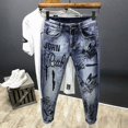 thumbnail image 5 of Pantalones vaqueros retro para hombre, ajustados, rasgados, de color azul claro, con estampado Kpop, con agujeros cónicos, para hombre, pantalones vaqueros rotos y rasgados, estéticos, tallas XS, 5 of 5