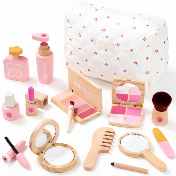 Wooden Makeup Toy Set for Girls Pretend Play Makeup Kit for Toddlers 3-5 with Eyeshadow/ Mascara/ Perfume/ Blush/ Mirror/ Bag, Birthday Gifts for Girls Toys Kids Aged 3 4 5 6 7 8