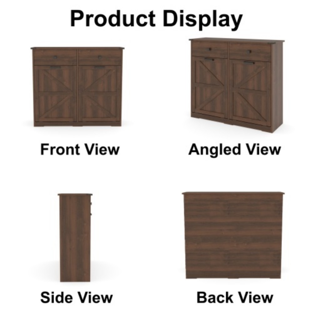 Farmhouse Double Tilt-Out Trash Cabinet, 2 x 10 Gallon Hidden Garbage Can Storage, Recycling Cabinet with Drawers, Barn Door Style, Walnut