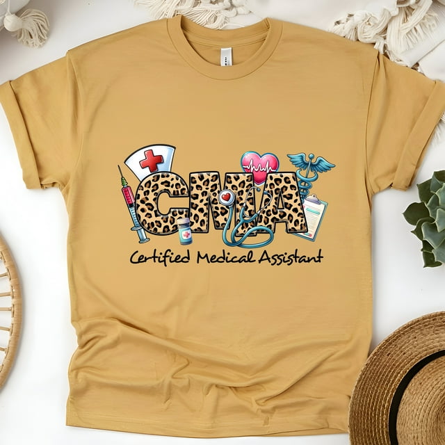 CMA Leopard Print Graphic T-Shirt, Certified Medical Assistant Tee, Gold, Size M