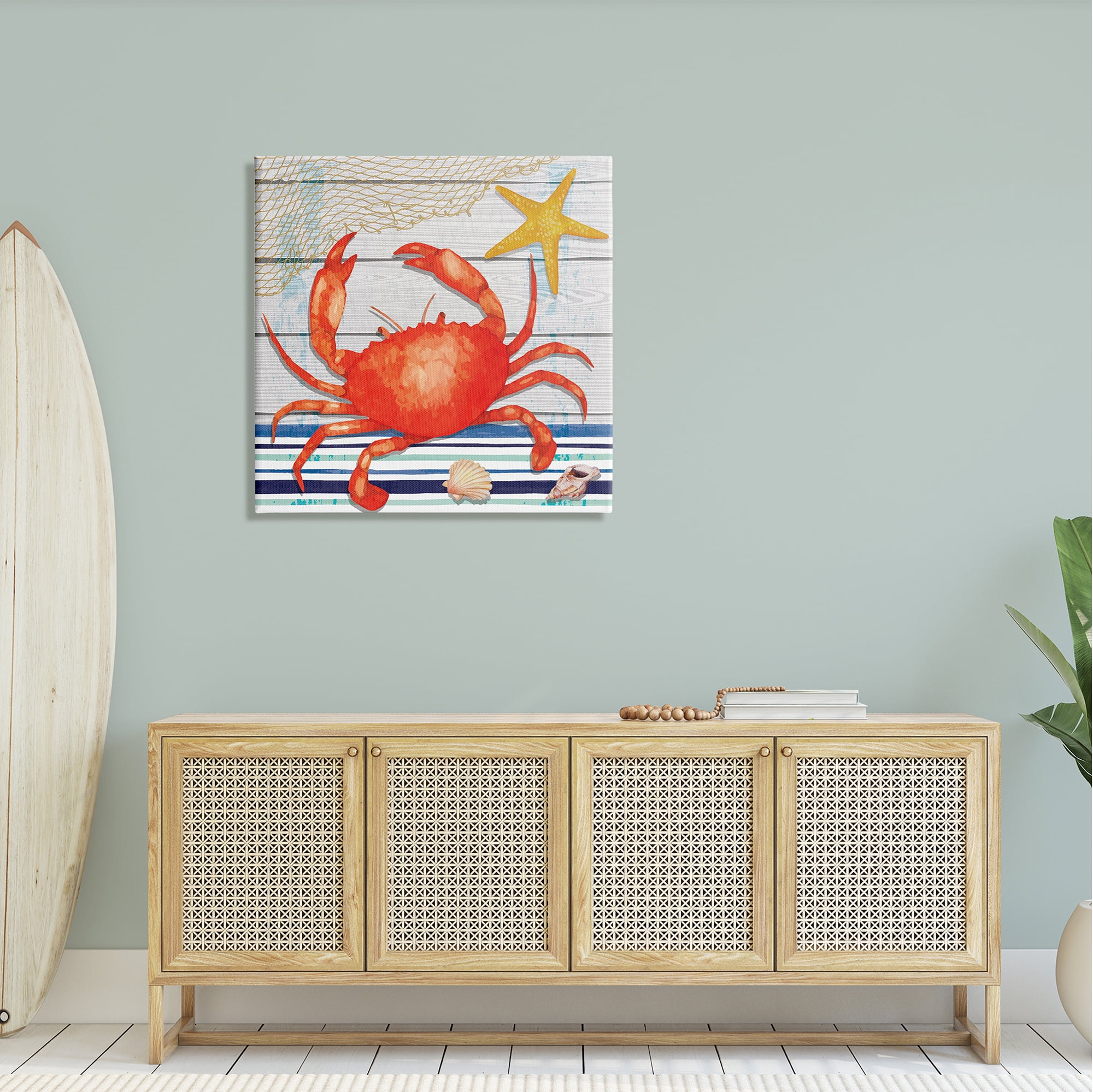 Stupell Nautical Striped Red Crab Sea Life Landscape Painting Gallery Wrapped Canvas Print Wall Art
