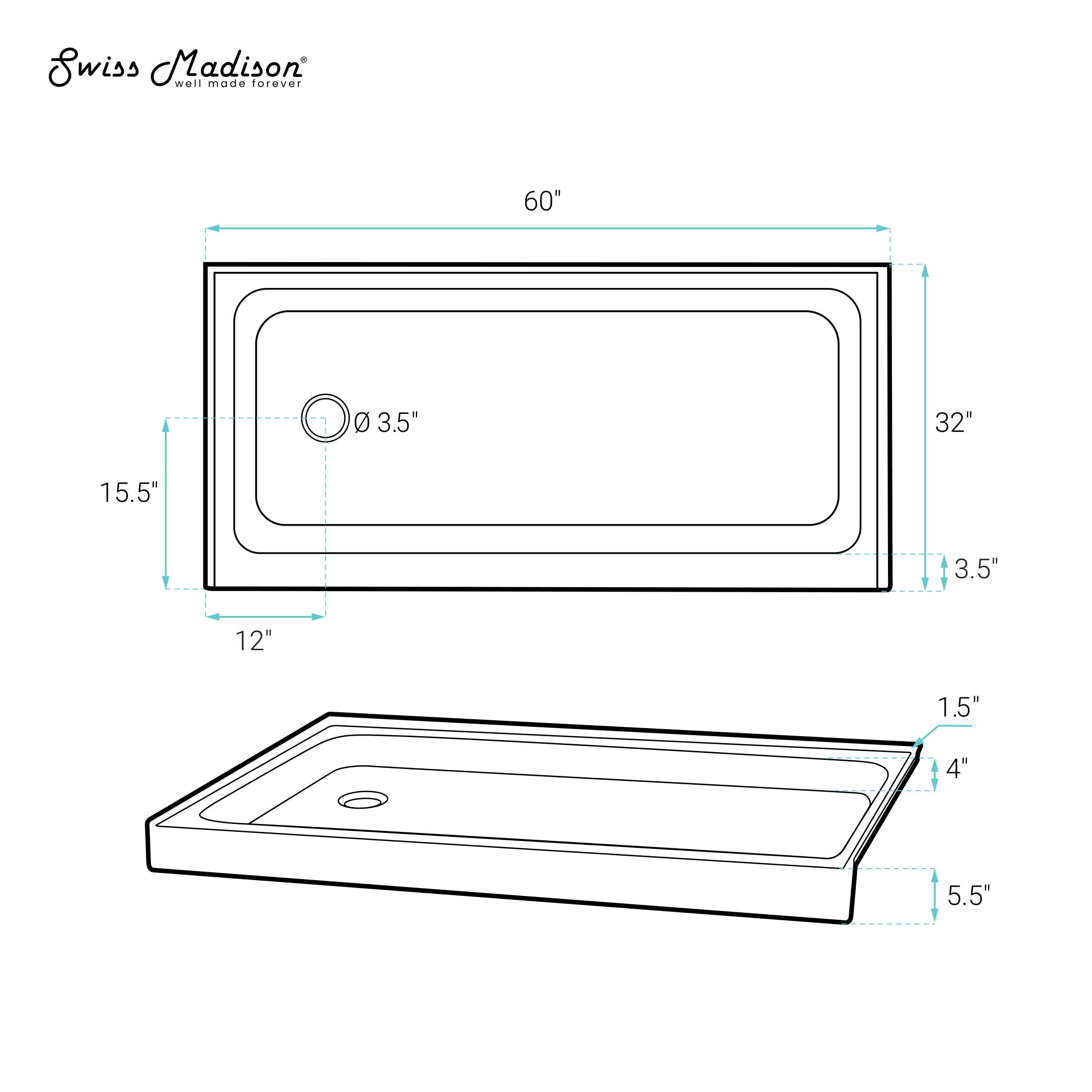 Voltaire 60" x 32" Single-Threshold, Left-Hand Drain, Shower Base in Gray