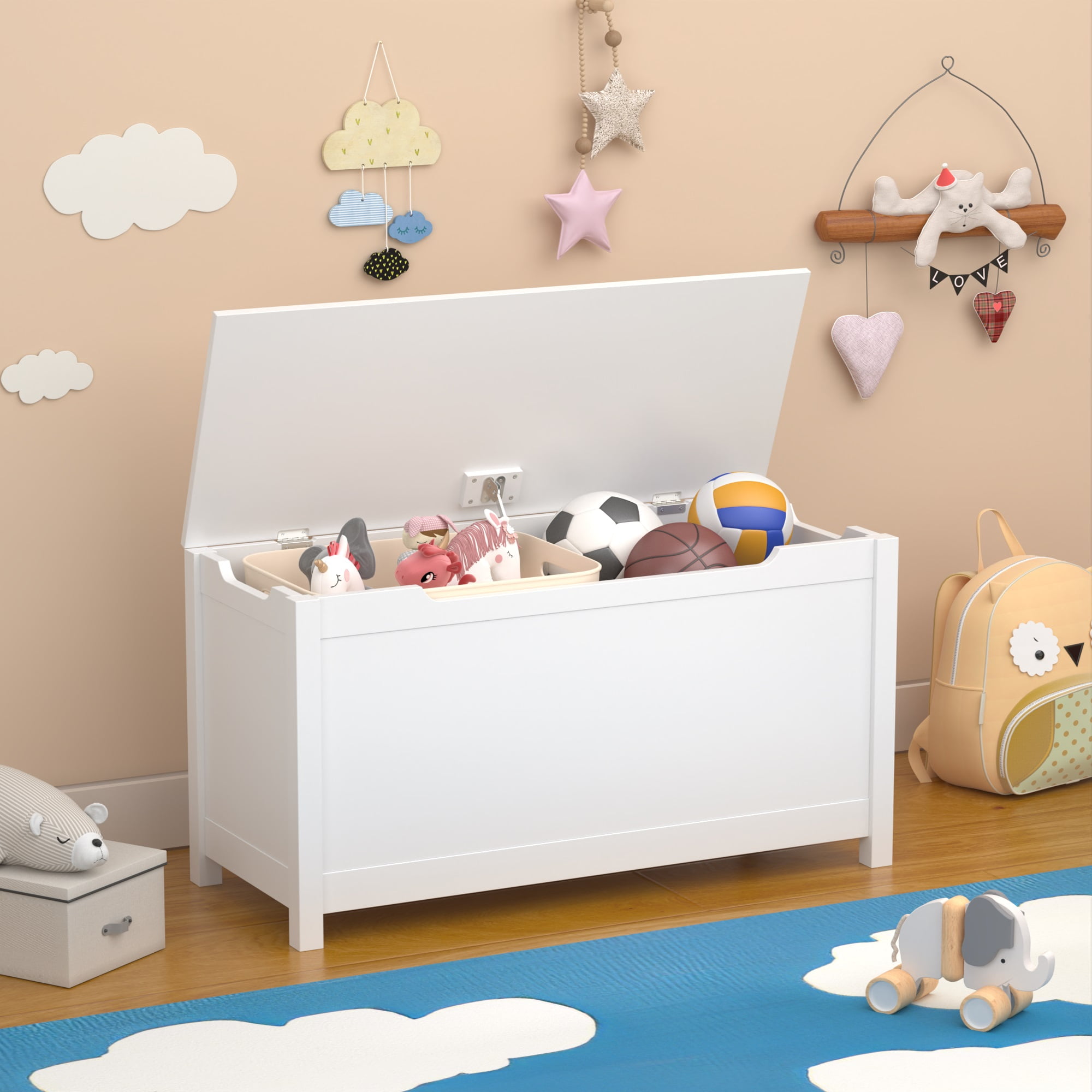Peispie Kids Toy Storage Chest with Flip Top Lid, Large Capacity Wooden Toy Box for Playroom Bedroom, Safety Hinged Storage Bench for Children, White