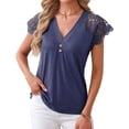 thumbnail image 6 of Only Moment Relaxed Blouse Polyester,Spandex,cotton V Neck Women's Short Sleeve Tops Work Blouses Business Casual Tops Navy,L, 6 of 7