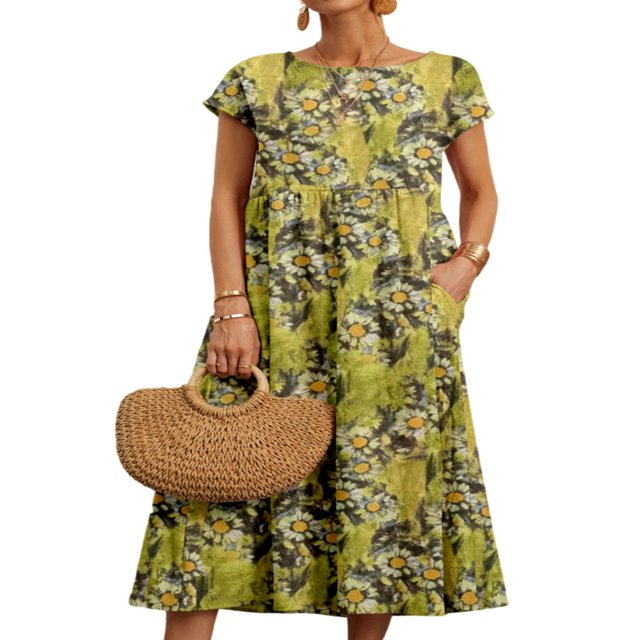 CHOK Robes pour Femmes Été Floral Plage Robe Soleil Dames Manches Courtes Cou Maxi Robe Longue avec Poche Fleur Bleue 2XL