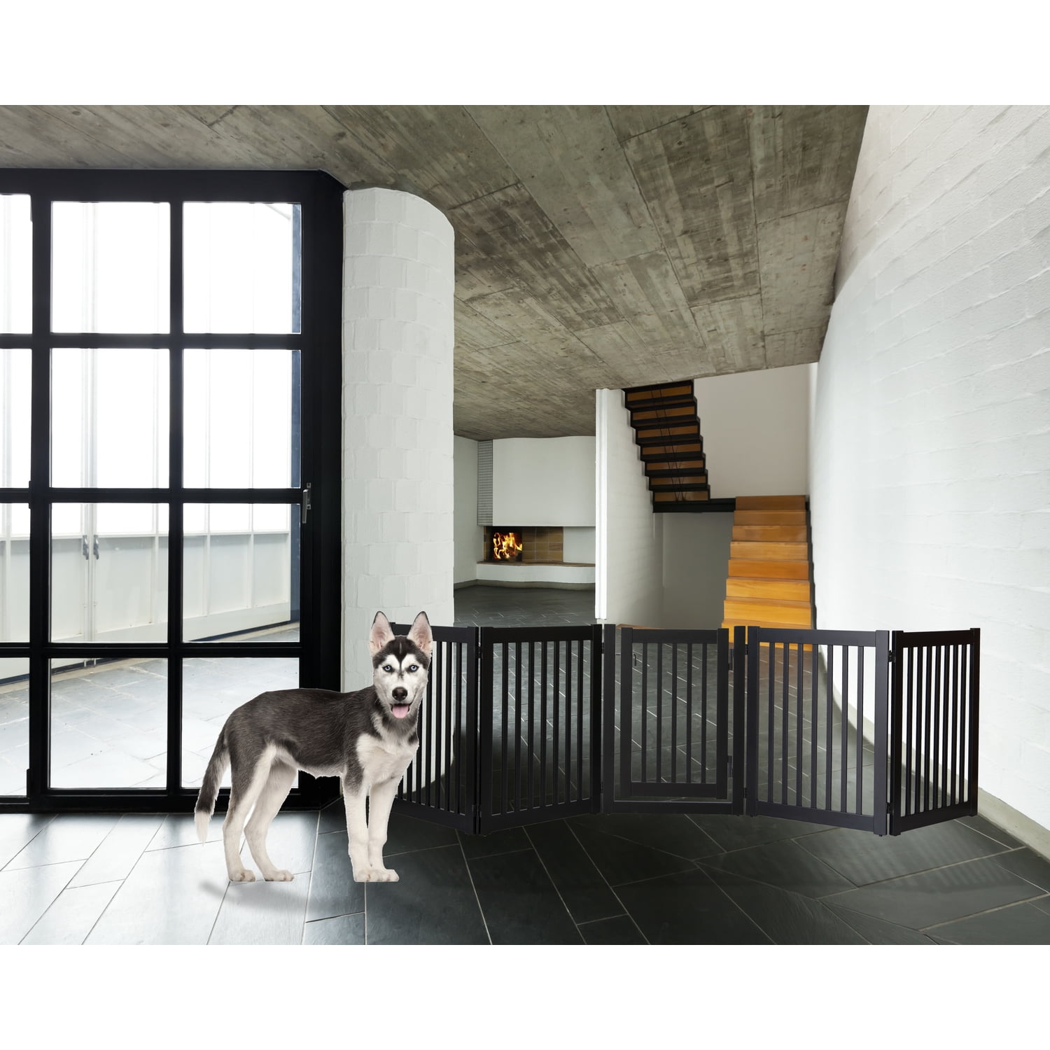 Dynamic Accents Highlander Series Solid Wood Pet Gate - 5 Panel Walk Through - Black-Color:Black