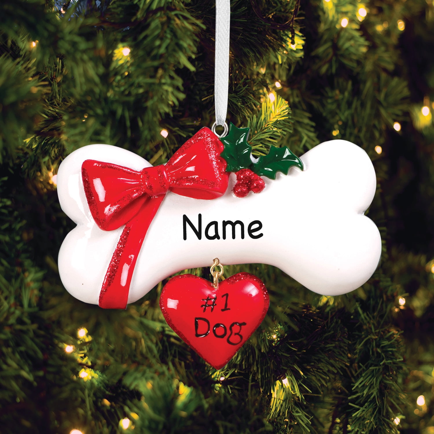 Personalized 1 Dog Bone with Bow Christmas Tree Ornament