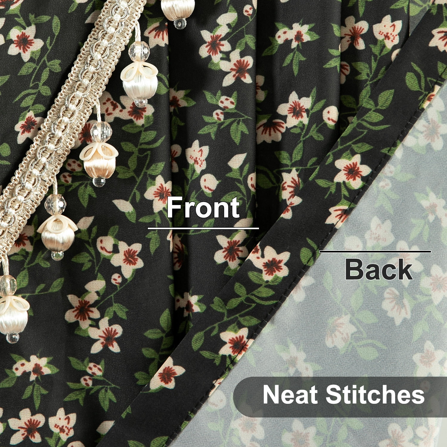 VOGOL Waterfall Valance 59" Wide Pink Cherry Blossoms on Black Sheer Voile, Farmhouse Vintage with Beaded Tassels