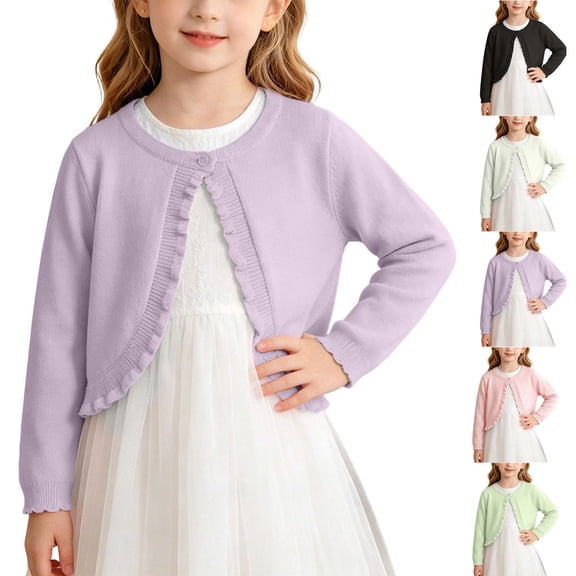 hengsof Girls Cardigan, Girls Bolero Shrug Sweater, Kids Knit Lace Long Sleeve, Button Cover Up Cropped Tops