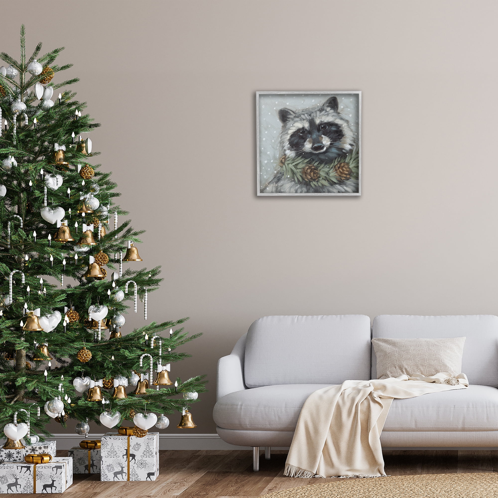 Stupell Industries Raccoon with Pinecones Holiday Painting Gray Framed Art Prints Wall Art, 24 x 24
