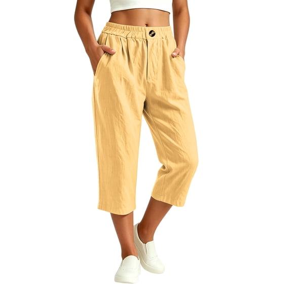 GigrtiJin Women's Cotton Capris Pants Straight Leg Baggy Casual Capris Womens Elastic High Waisted Going Out Capris with Pockets