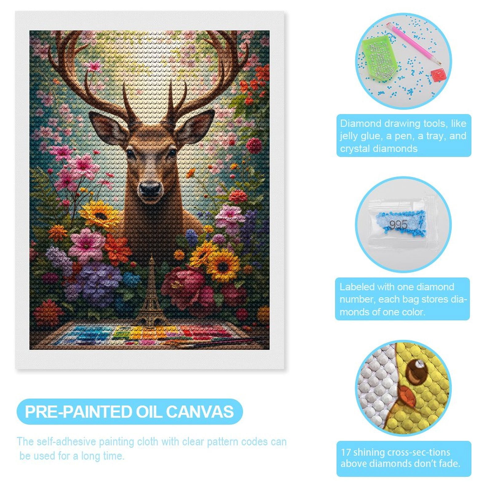 Diamond Art Kits for Adults, Deer Floral Art Watercolor Palette Eiffel Tower 5D Diamond Painting Kits for Adults Beginners, DIY Full Drill Diamond Painting, Gem Art and Crafts 12x16