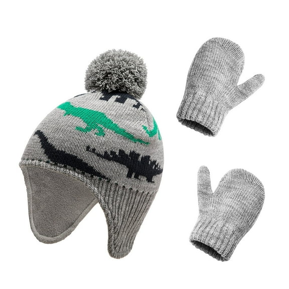 TIREOW Baby Toddler Kids Winter Hats and Gloves Set Baby Knitted Hat Gloves Set Winter Warm Boys Girls Beanie Lined Toddler Kids Hat with Pompom