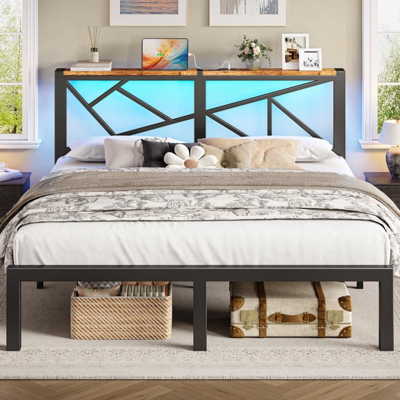 ChicZhiNest King Size Bed Frame with LED Light Storage Headboard, Metal Platform Bed Frame King with 2 USB Ports and Outlets, Noise Free Design, Black