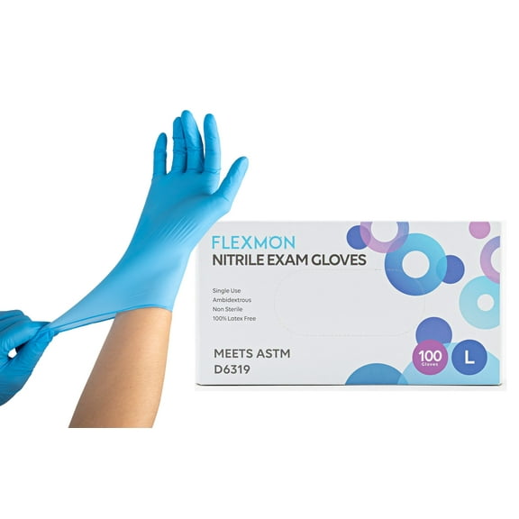Nitrile Exam and Medical Disposable Gloves, 4.2 Mil, Large, 100/Box by FLEXMON
