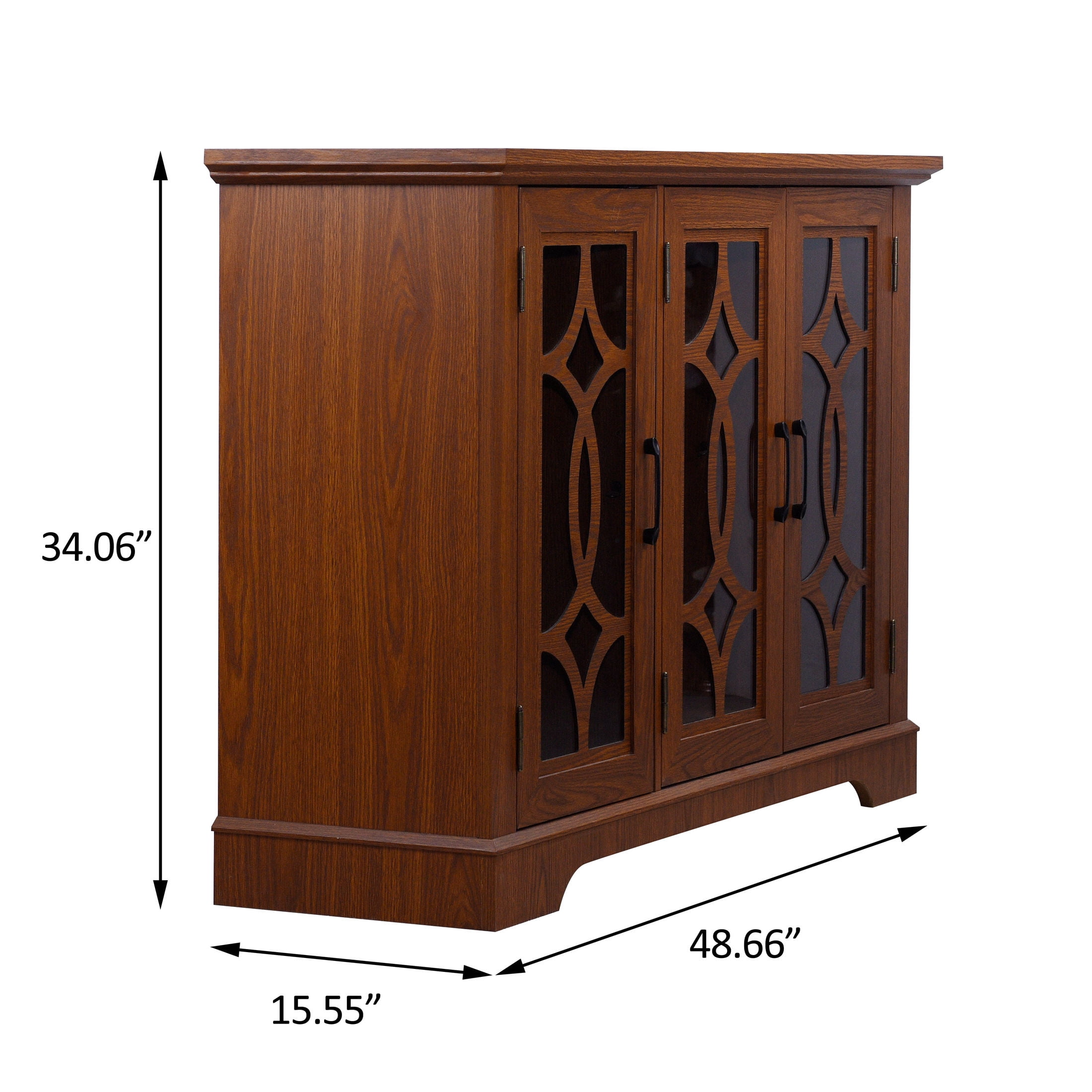 GDF Studio Jevus 3-Door Tempered Glass Sideboard Cabinet, Rustic Storage Cupboard for Kitchen, Dining Room, Dark Oak