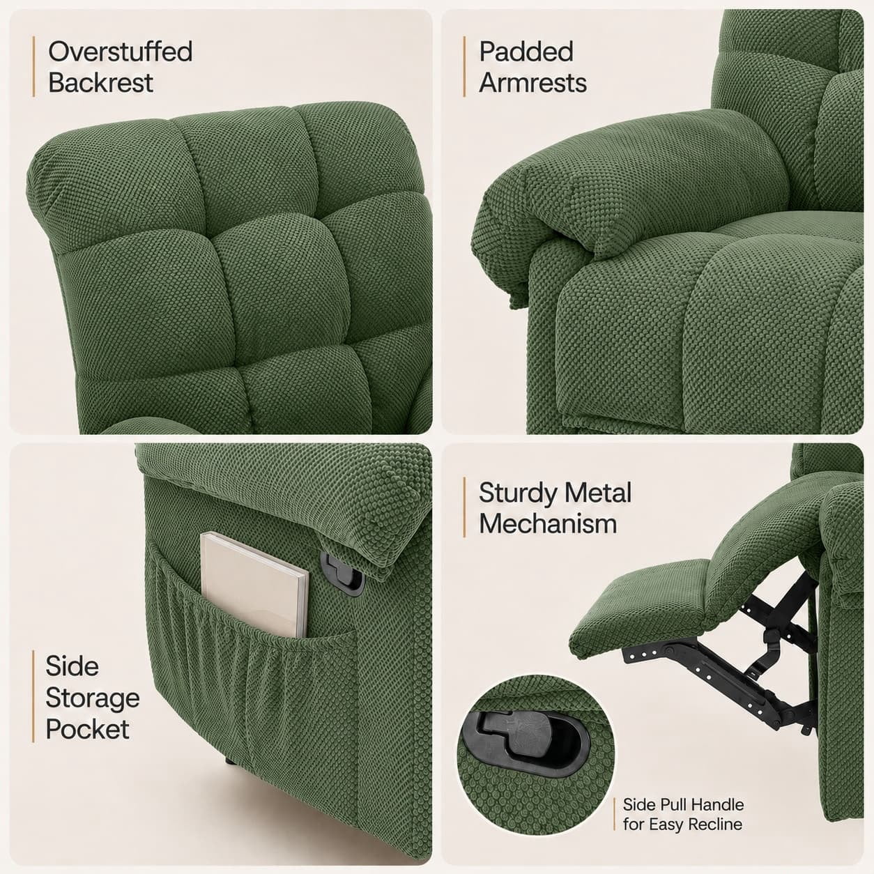 Aukfa Overstuffed Manual Recliner Chair, Upholstered Glider Lounge Armchair with Footrest for Bedroom Reading,Green