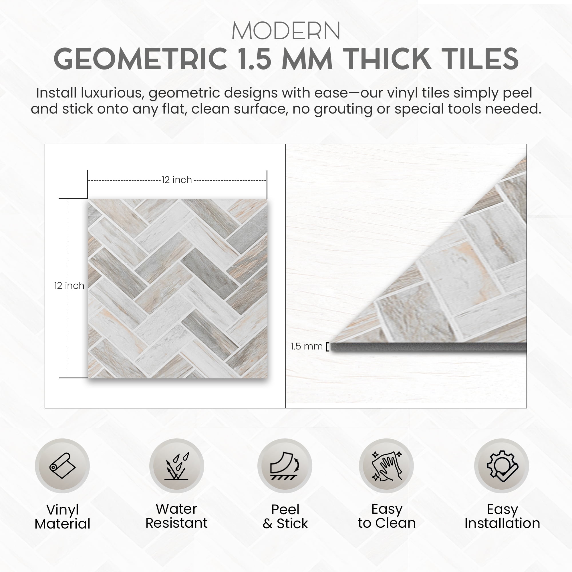 PowerSellerUSA Self-Stick Vinyl Modern Geometric Floor Tiles Ultra Durable 1.5mm Thick Tiles, 1-Pack/20 Square Ft., 12" x 12", Gray Herringbone