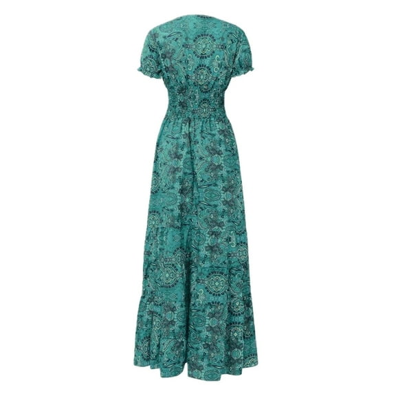 Women's Full Size Smocked Printed V-Neck Short Sleeve Dress designed for a flattering fit and easy care with 100% Polyester