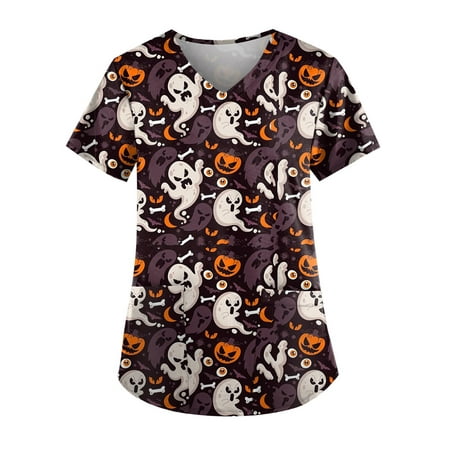 

Qcmgmg Womens Scrub Tops Plus Size with Two Pockets Loose Fit Workwear Pumpkin Ghost Bat Cute Blouses for Ladies Short Sleeve Casual Medical Scrubs V Neck Uniform Shirts for Women Dark Purple XL
