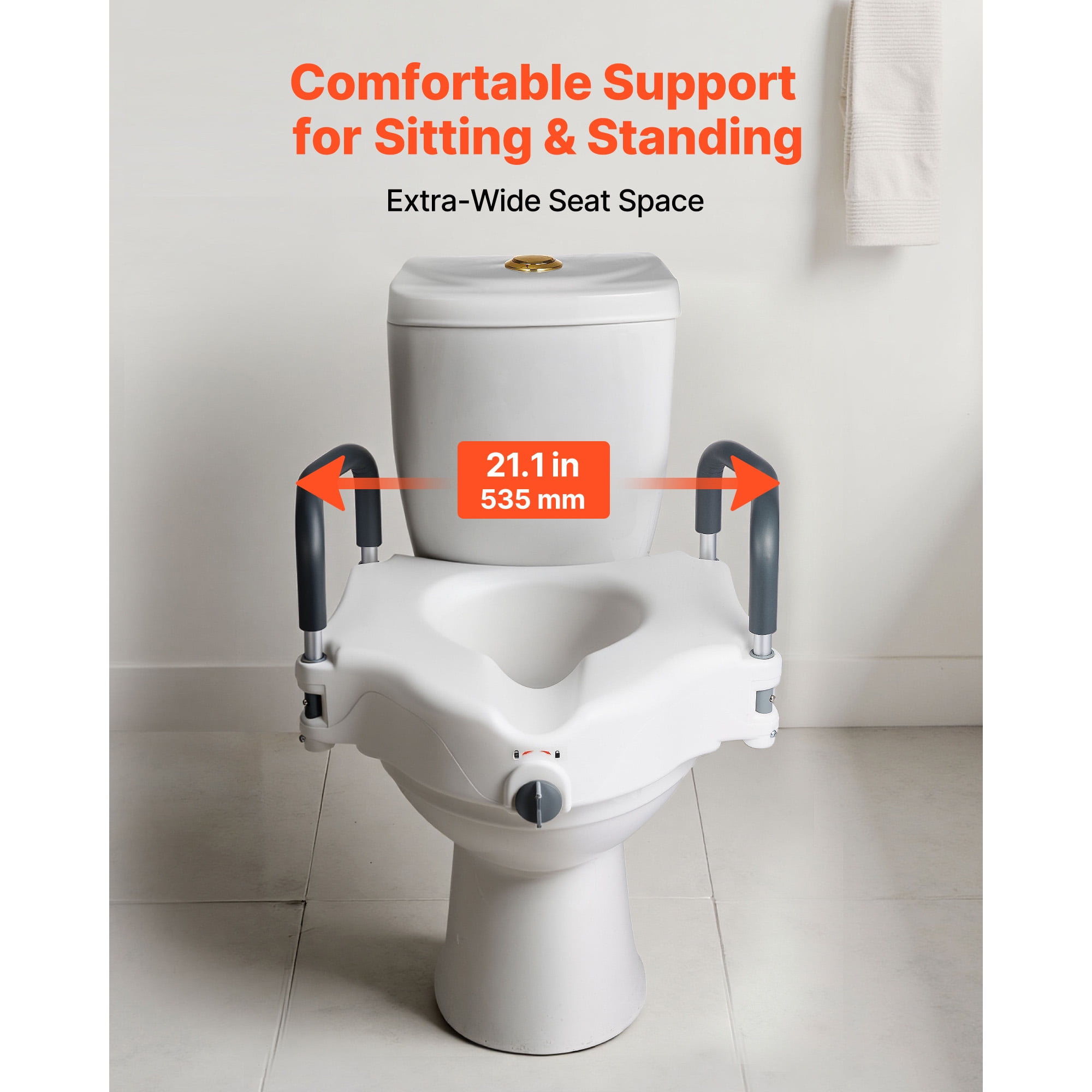 KFFKFF Raised Toilet Seat with Arms, 300 lbs Weight Support, 5-Inch Height Increase, Wide Elevated Commode Seat with Cushioned Handles for Seniors, Adults, and Individuals with Disabilities