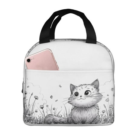 Insulated Lunch Bag for Women Men - Cute Cat Meadow Sketch Leakproof Cooler Lunch Box for Women Men  Lunch Tote Bags for Work School Picnic Travel