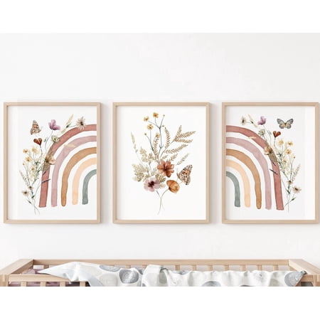 Boho Rainbow Set Of 3 Nursery Art Girl Wildflowers Nursery, Nursery Decor, Baby Room Ideas, Rainbow, Girl, Girl Print, Modern Wall Decor Set 3 Prints, Poster Only