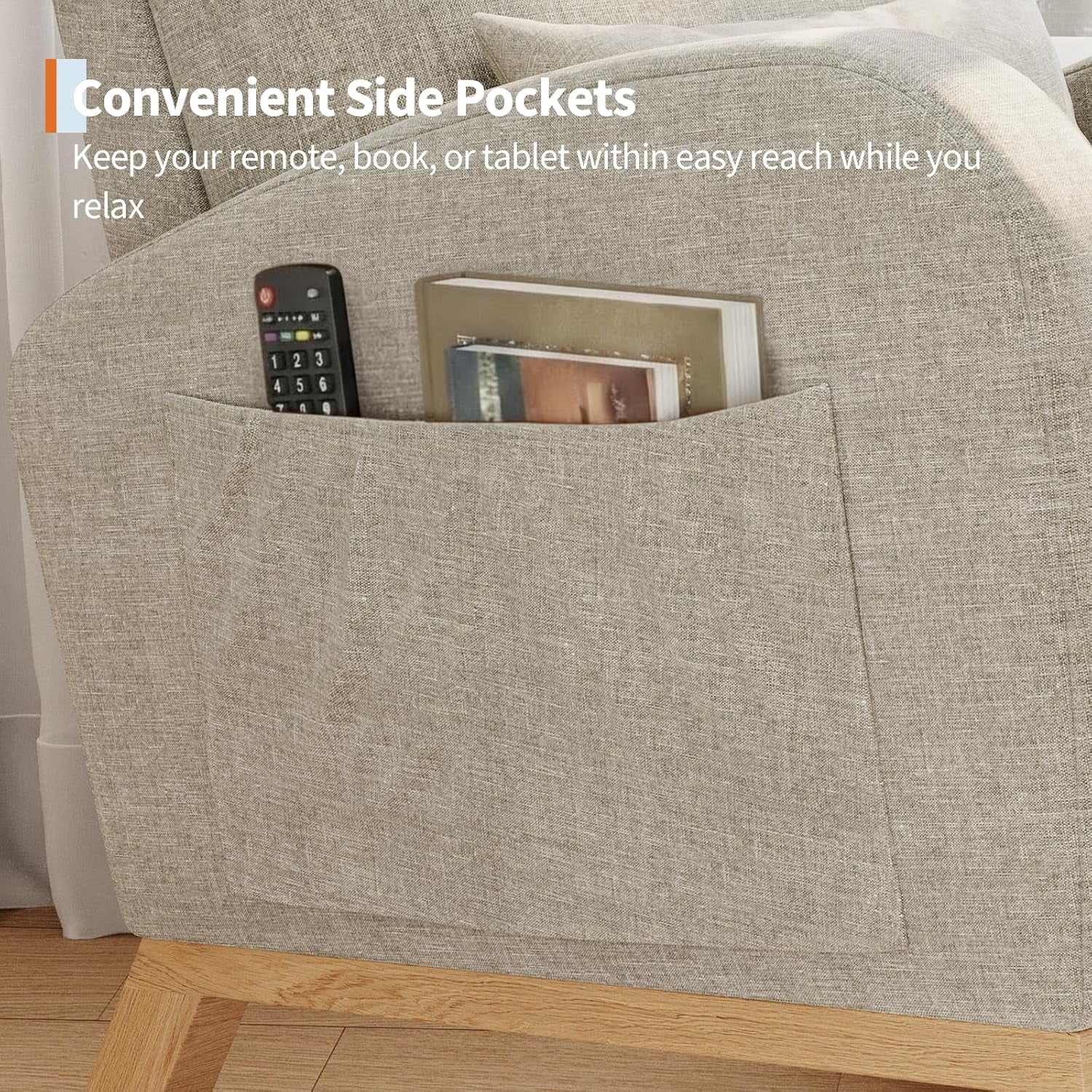 Linen Rocking Chair, Modern Nursery Glider Chair with Side Pockets and Pillow, Rocker Chair for Living Room Bedroom Nursing Room, Grey