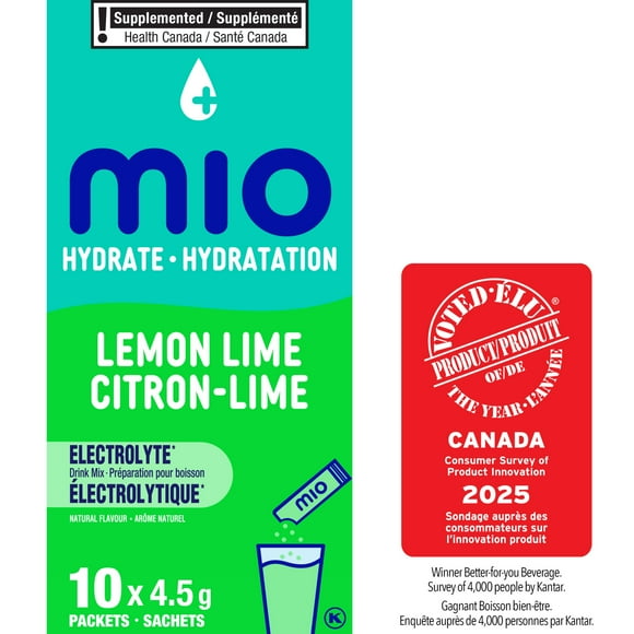mio Hydrate Lemon Lime Electrolyte Drink Mix, 4.5 g Packets, 10 ct Box, Mio Hydrate Lemon Lime 3.8G X 10