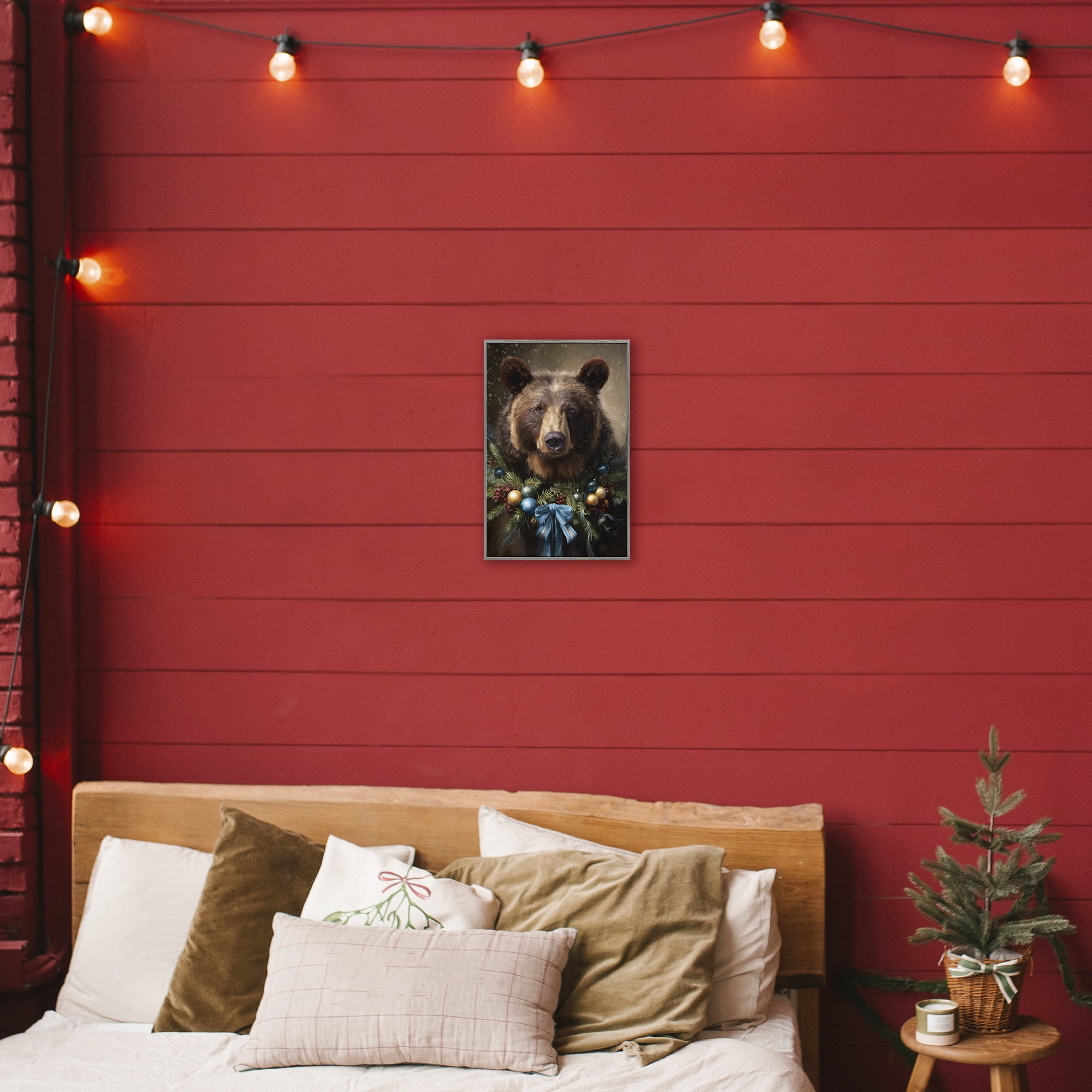 Stupell Industries Christmas Grizzly with Wreath Gray Framed Giclee Art, design by Tina LeCour